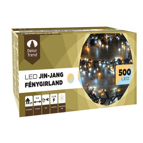 Jin-Jang Fénygirland, 500 cm, 500 meleg és hideg fehér LED-ek, fekete kábel